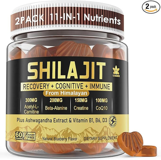Men's & Women's Organic Shilajit Gummies Sugar Free with CoQ10, Ashwagandha, L-Tyrosine, B6 - Pure & Natural from Himalayan for Immune Support, Brain Function - 60 Count (Pack of 2)
