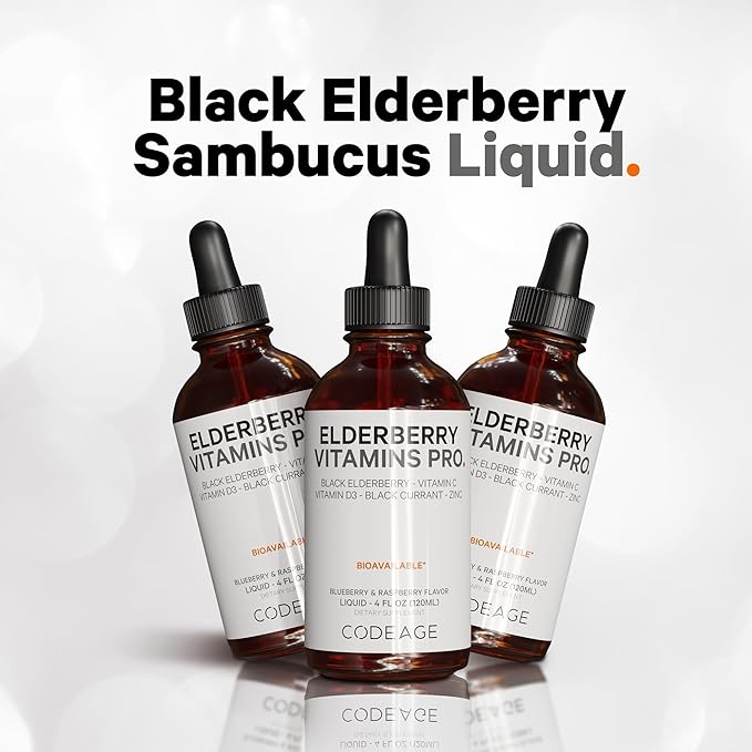 Codeage Elderberry Vitamins Pro - Organic Black Elderberry Liquid Drops - Vitamin C, Vitamin D3, Zinc, Black Currant - 2-Month Supply - Black Sambucus Liquid - Supplement for Adults & Kids - 4 fl oz