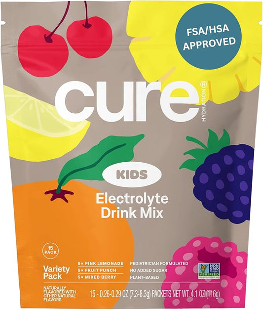 Cure Hydration - Kids Electrolyte Drink Mix | Plant-Based Pediatrician Formulated Rehydration | No Added Sugar, Non-GMO, Gluten-Free, No Artificial Flavors, FSA & HSA | 15 Packets - Variety Pack