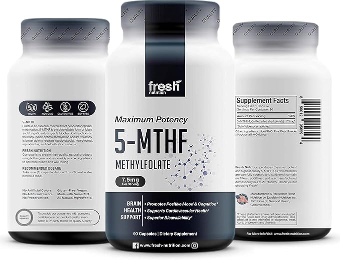 Fresh Nutrition L Methylfolate 7.5mg – DNA Verified for Maximum Potency – Superior Bioavailability – 5-MTHF Methyl Folate - 90 Capsules