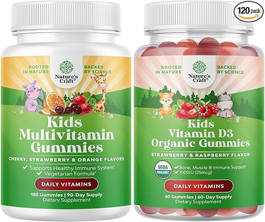 Bundle of Plant Based Kids Multivitamin Gummies - Multivitamin for Kids Immunity Support Gummies and Organic Vitamin D Gummies for Kids or Kids Daily Teeth Muscle & Bone Support - Organic Vitamin D3 G