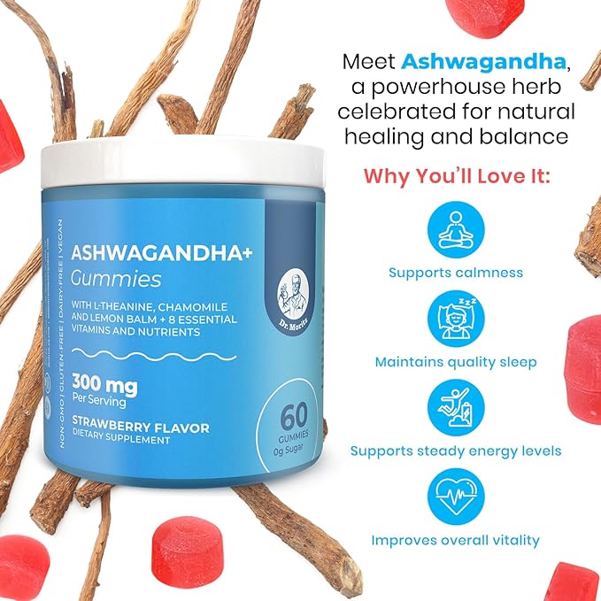DR. MORITZ Ashwagandha Gummies for Calm, Relaxation, and Immune Support - Ashwagandha for Women and Men - with L-Theanine - Sugar Free and Non-GMO (60 Count)