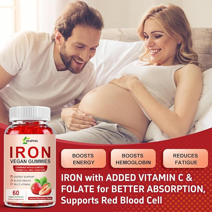 Iron Supplement Gummies for Women, Men & Kids, 65mg Iron & 250mg Vitamin C per Serving - Healthy Blood, Energy & Immune Support Iron Vitamin Gummy with Folate, 2 Pack