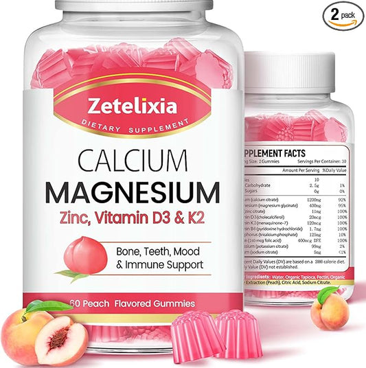 Sugar Free Calcium Citrate Gummies, Calcium Magnesium Gummies with Vitamin D3 & K2 for Bones Muscles and Joints, Peach Flavor - 120 Ct