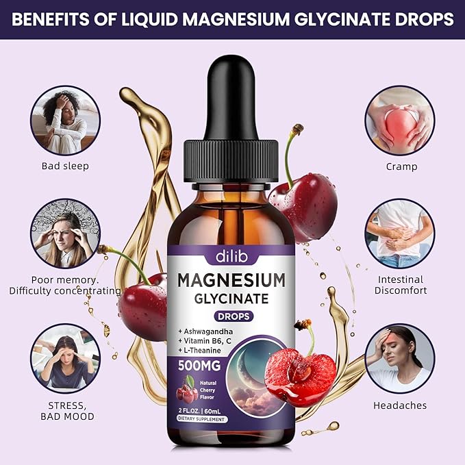 Magnesium Glycinate Liquid Drops 500mg, with Vitamin B6, Ashwagandha, L - Theanine, Chamomile, Magnesium Glycinate Supplement High Absorption for Sleep, Stress, Energy, Mood - Cherry Flavor