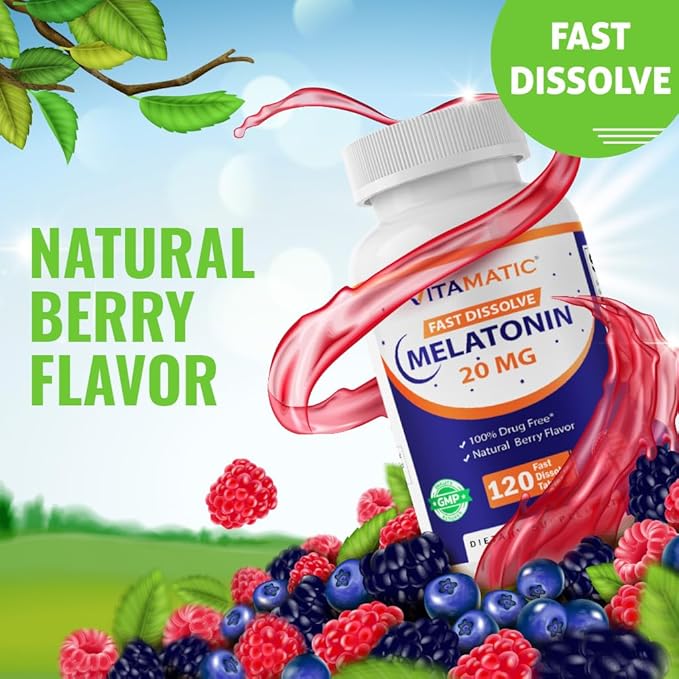 Vitamatic Melatonin 20 mg Tablets | Vegetarian, Non-GMO, Gluten Free | HIGH Potency 20 MG | Natural Berry Flavor (1/2 Tablets = Melatonin 10 mg) (120 Count (Pack of 6))