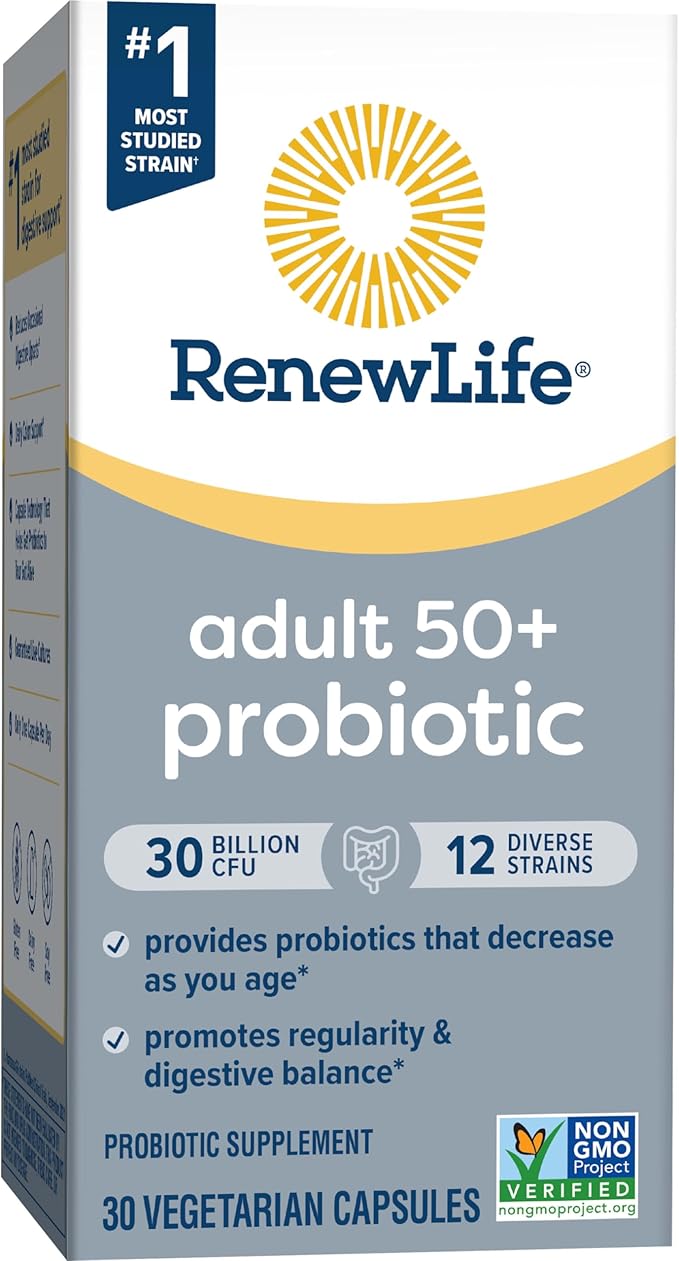 Renew Life Probiotic Adult 50 Plus Probiotic Capsules, Daily Supplement Supports Urinary, Digestive and Immune Health, L. Rhamnosus GG, Dairy, Soy and gluten-free, 30 Billion CFU, 30 Count