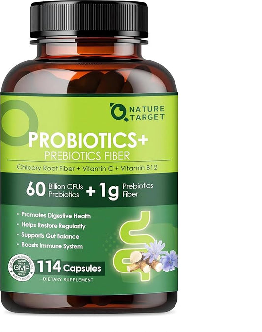 Probiotics for Women Digestive Health with Prebiotic Fiber - Fiber Supplement with 60 Billion Probiotic for Regularity & Gut Cleanse - Supports Occasional Constipation - 114 Veggie Capsules