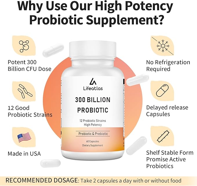 300 Billion CFU Probiotics - Probiotics for Women and Men, 12 Probiotic Strains Plus Prebiotic, for Immune & Digestive, Gut Health, Gas Bloating, Shelf Stable - 60 Caps