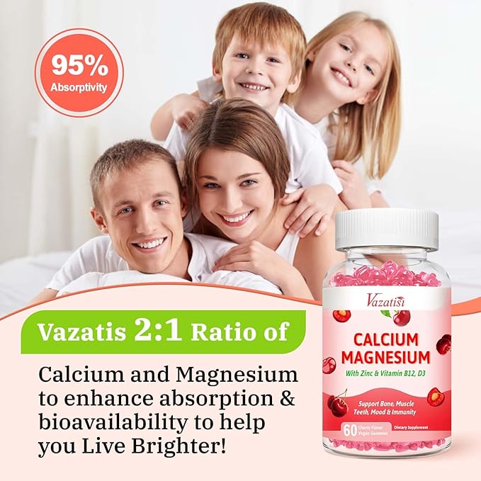 Calcium Magnesium Zinc Gummies, Calcium Magnesium 2:1 Ratio with Vitamin D3 & B12 for Support Muscle, Mood and Immunity, 60 Vegan Cherry Flavor Gummies