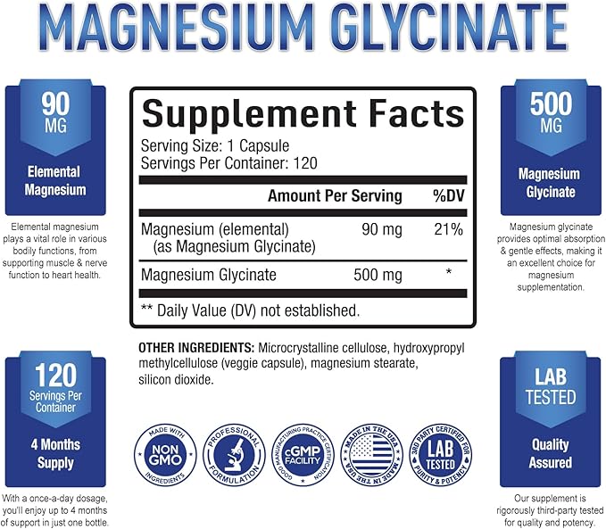 Purely Optimal Magnesium Glycinate 500mg - Premium Non-Buffered Supplement for Sleep, Calm & Muscle Function Support, 120 Easy-to-Swallow Capsules - High Absorption & Gentle on Stomach