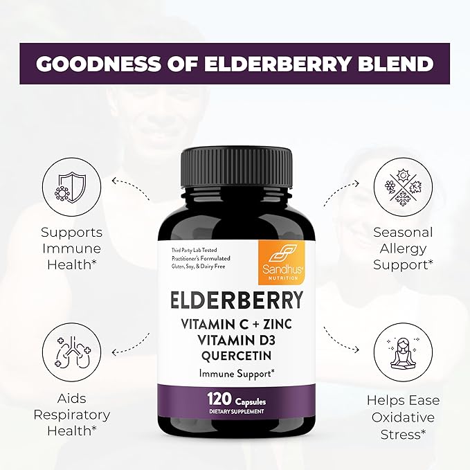 Elderberry Vitamin C and Zinc 120 Capsules (Pack of 3) | with Quercetin and Vitamin D3 | Immune Support for Adults | Herbal Supplement for Men and Women