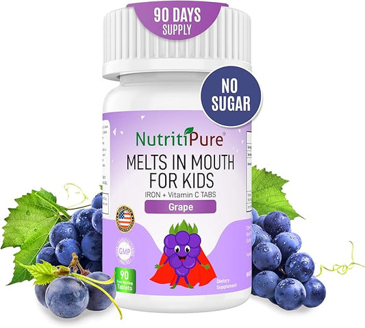 NutriPure Kids Chewable Iron Supplement, Ferronyl® Carbonyl Iron 9 mg, Vitamin C 30 mg, Grape Flavor, 90 Tablets (1 Bottle)