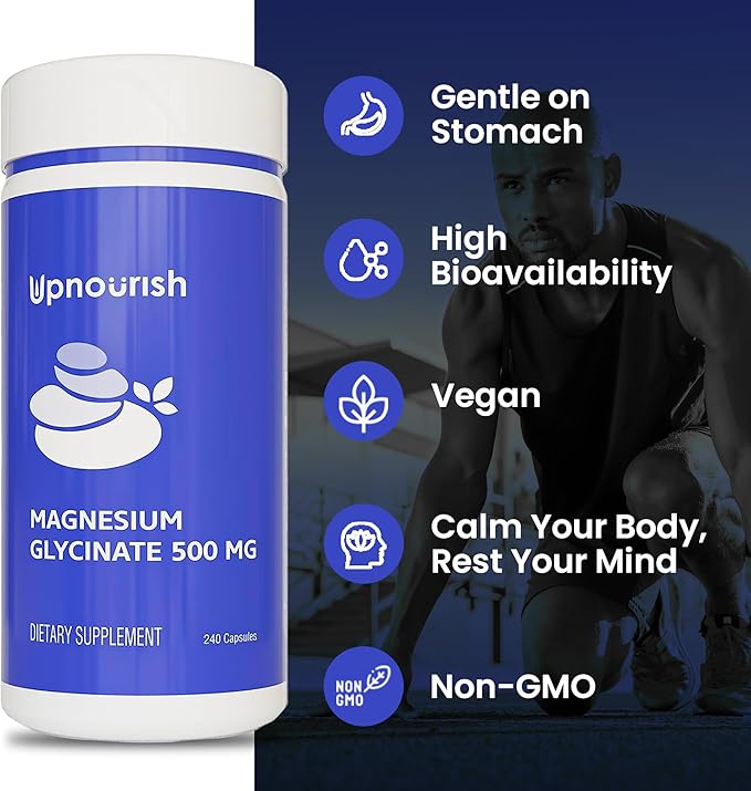 UpNourish Magnesium Glycinate Chelate 500mg Capsules - Highly Absorbable Chelated Magnesium - Pure Magnesium Supplement for Sleep & Calm Support, Nervous, Muscle & Bone Health