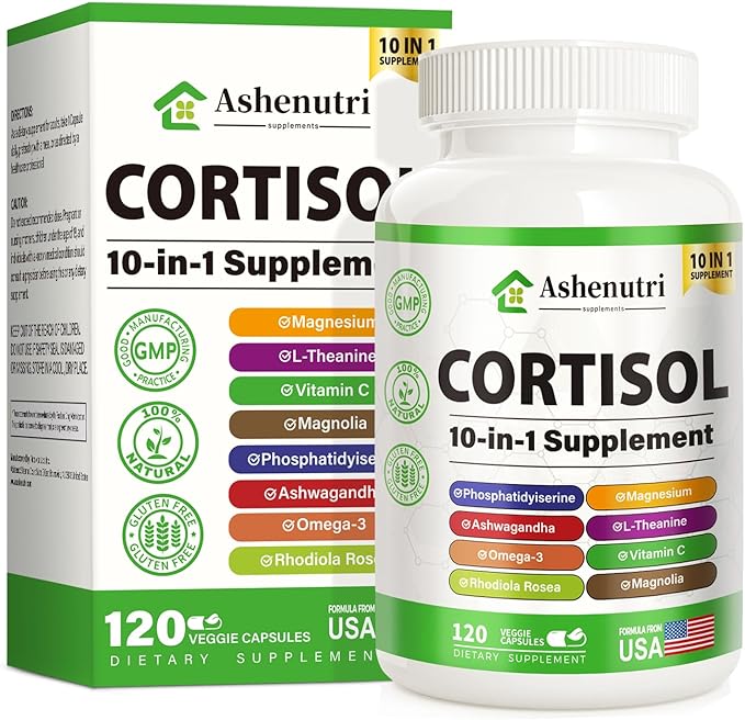 10-in-1 Cortisol Supplement with Magnesium,Ashwagandha,Rhodiola Rosea,L Theanine,Hormone Balance for Women 120 Vegan Capsules