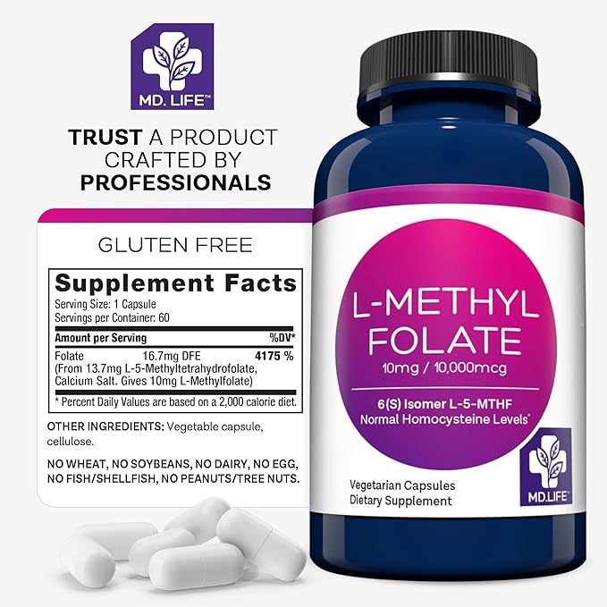 MD Life L-Methylfolate 10 mg - Professional-Grade Active Methylfolate Supplement - Maximum Potency MTHFR Supplements - L methylfolate 10mg 60 Capsules - Essential Amino Acids