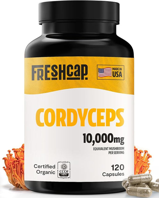 FreshCap Cordyceps Mushroom Capsules 10,000mg - Cordyceps Extract Mushroom Supplement, Mushroom Extract, Energy Supplements, Ayurveda Nootropic Mushroom Supplements (120 Capsules)