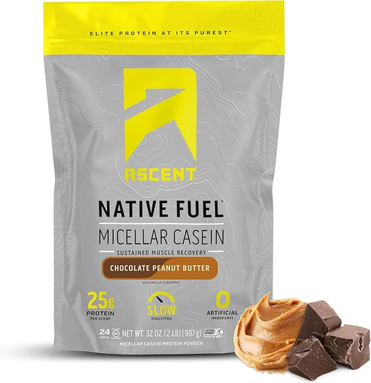 Ascent Casein Protein Powder - 25g Micellar Casein Powder with Zero Artificial Flavors & Sweeteners, Gluten Free, No Added Sugar, 4.9g BCAA, 2.2g Leucine - Chocolate Peanut Butter, 2 Pounds