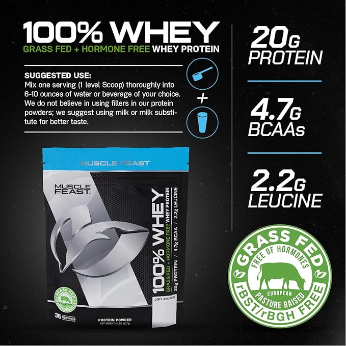 Muscle Feast 100% Grass-Fed Whey Protein, Pastured Raised Hormone Free All Natural, Unflavored, 2lb