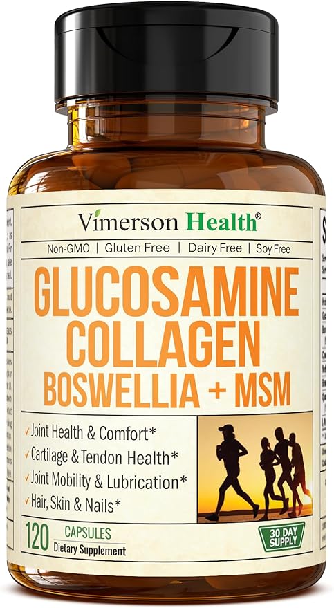 Glucosamine Chondroitin MSM with Collagen Powder. Joint Support Supplement. Bromelain, Quercetin, L-Methionine & Boswellia Extract capsules. Hair Skin and Nails Vitamins. FSA eligible. 120 caps