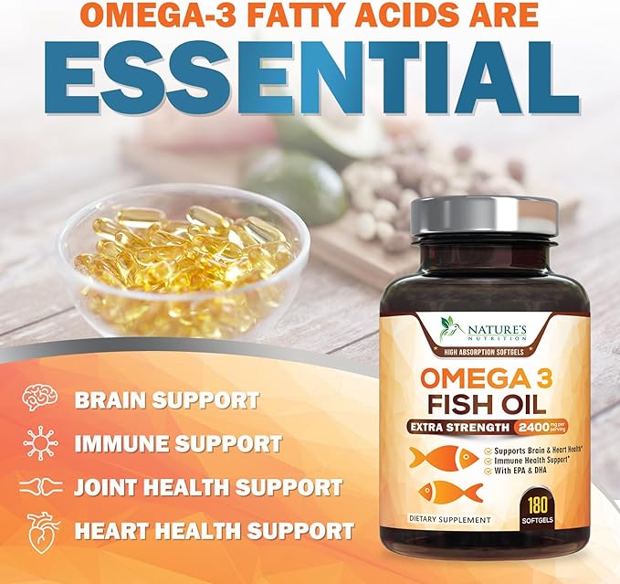 Triple Strength Omega 3 Fish Oil - 2400 mg Natural Omega-3 Supplements Support Brain, Heart & Joint Health with EPA & DHA Essential Fatty Acids - Lemon Flavor, Burpless, Wild Caught - 180 Softgels