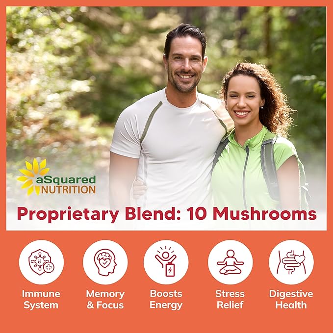 aSquared Nutrition Mushroom Gummies - 10x Complex Supplement - Lions Mane, Turkey Tail, Reishi, Cordyceps, Chaga - Energy, Focus, Immune Support for Men & Women - Replace Powder, Capsules & Pills