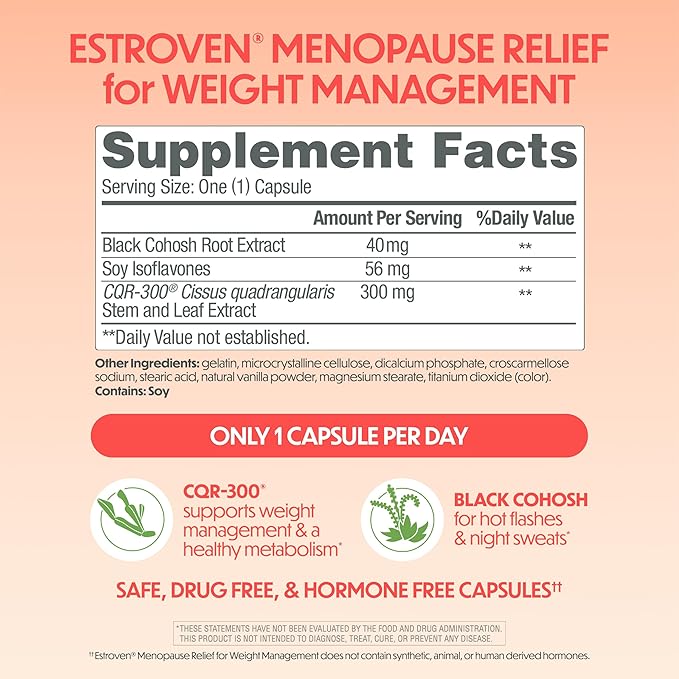Estroven Weight Management for Menopause Relief - 60 Ct. - Clinically Proven Ingredients Help Manage Weight, Provide Night Sweats & Hot Flash Relief - Drug-Free & Gluten-Free