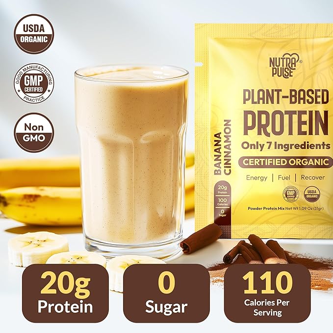 Organic Vegan Protein Powder Sample Pack - Plant-Based Protein, Gluten-Free, Non GMO, 20g Protein Per Serving, Great for Smoothies & Shakes (Banana Cinnamon, Pack of 16)