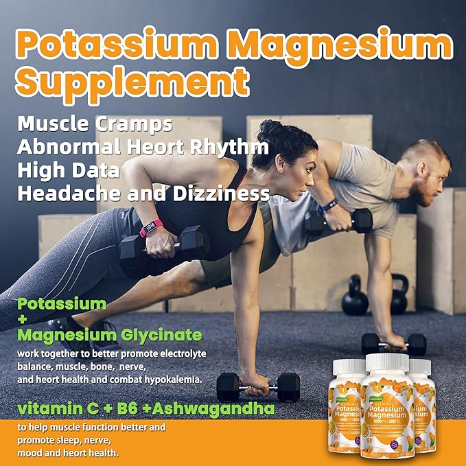 Potassium Magnesium Gummies,High Absorption Magnesium Glycinate,B6,D3,Potassium Citrate for Leg Cramps,Muscle,Electroyte for Adults Kids,Sugar-Free, 60 Gummies (Sweet Orange Flavor)