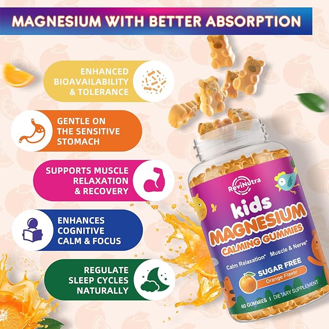 Calm Magnesium Gummies for Kids - Magnesium Glycinate, L-Threonate Supplement for Sleep, Brain, Immune & Bone Health - Great Tasting Magnesium Gummies for Adults & Kids - Vegan Sugar Free Orange 60ct
