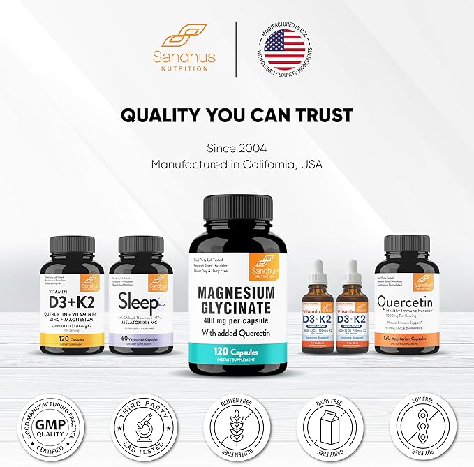 Magnesium Glycinate 400mg Capsules with Quercetin | Quality Sleep, Relaxation, Muscle, Bone Health & Immune Support | 120 Count | Easy to Swallow | for Women and Men
