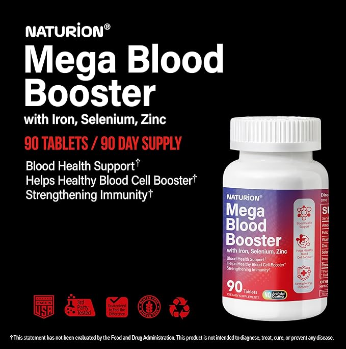 Mega Blood Booster - Dietary Supplement for White and Red Blood Cell Support with Iron, Selenium, Zinc, Vitamin B12 & Folic Acid - 90 Tablets, 90 Day Supply