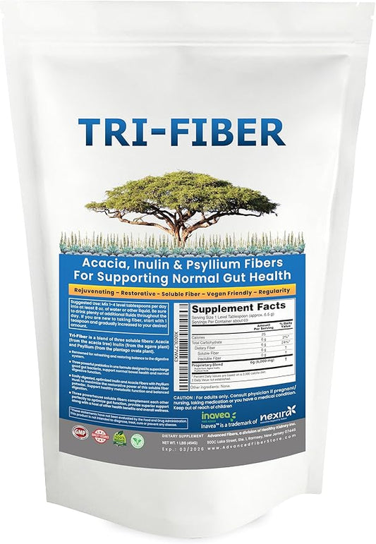 Tri-Fiber Soluble Fiber Powder, Unflavored High Fiber 3-in-1 Soluble Fiber Supplement for Digestive Support. Dietary Fiber 1 lbs (16oz)