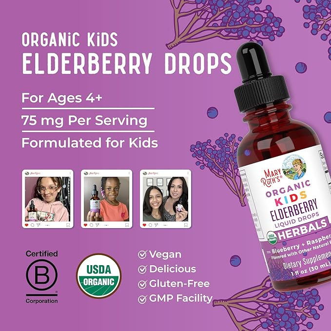 MaryRuth Organics USDA Organic Elderberry Liquid Drops for Kids | Vegan Elderberry Extract Organic Glycerin | Immune Support Supplement | Overall Health | Formulated for Ages 4-13 | 1oz
