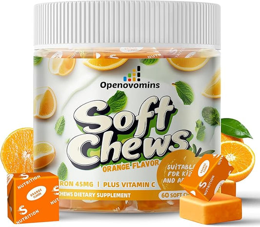 Iron Supplement Chews with Vitamin C for Women Men and Kids, Natural Vegan Iron Soft Chew with Vitamin B6,B12,D, Calcium & Zinc - Energy Support, 60 Orange SoftChews,2 Month Supply