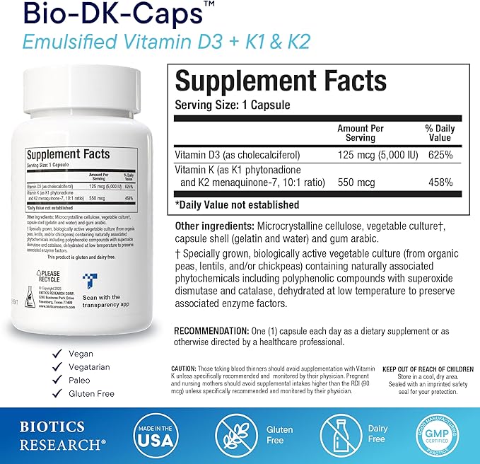 Biotics Research Bio-DK Caps™–Emulsified Vitamin D and K, Vitamin D3 125 mcg & Vitamin K (k1,k2) 550 mcg- MK7– Vitamin D3 K2 K1, Stronger Bones, Musculoskeletal Strength, Healthy Heart & BMI 60 Caps