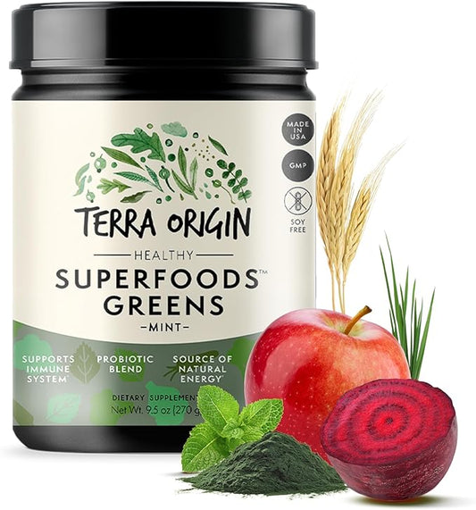 TERRA ORIGIN Superfoods Greens for Immune Defense and Digestive Support | with Spirulina, Probiotics, Organic Vegetables, Digestive Enzymes | Non-GMO | 30 Servings | Mint Flavor