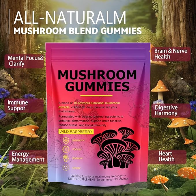 Sky Nutrition Mushroom Gummies, 12 in 1 Mushroom Blend with Lions Mane, Turkey Tail, Organic Reishi, Cordyceps, Immune Support & Energy Boost, Mushroom Supplement for Adults, Non-GMO, 60 Gummies