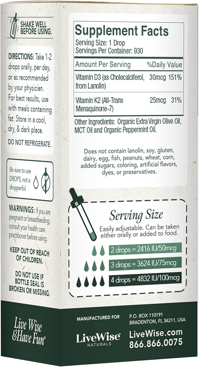 LiveWise Naturals Vitamin D3 with K2 Liquid Drops, All Natural, Non-GMO, USA Made, 1208 IU Vitamin D3 & 25 mcg K2, Supports Bone Health and Energy Levels, Infused with Peppermint, Olive, and MCT Oil