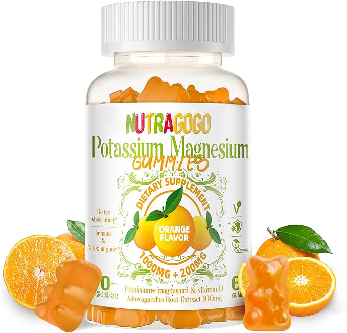 Potassium Magnesium Gummies,Potassium Supplement w/Ashwagandha,High Absorption Magnesium Glycinate,B6,D3,Potassium Citrate for Leg Cramps,Muscle,Electroyte for Adults Kids,Sugar-Free, 60 Gummies