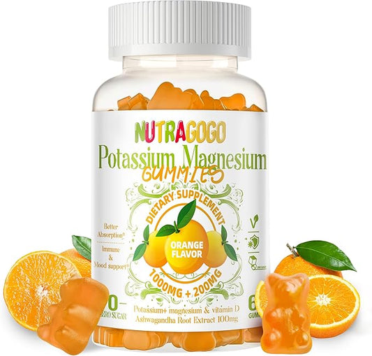 Potassium Magnesium Gummies,Potassium Supplement w/Ashwagandha,High Absorption Magnesium Glycinate,B6,D3,Potassium Citrate for Leg Cramps,Muscle,Electroyte for Adults Kids,Sugar-Free, 60 Gummies