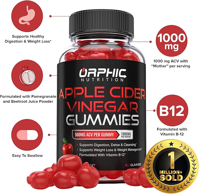 Apple Cider Vinegar Gummies - 1000mg - Formulated to Support Normal Energy Levels & Gut Health - Supports Digestion, Detox & Cleansing - ACV Gummies W/VIT B12, Beetroot (120 Gummies)