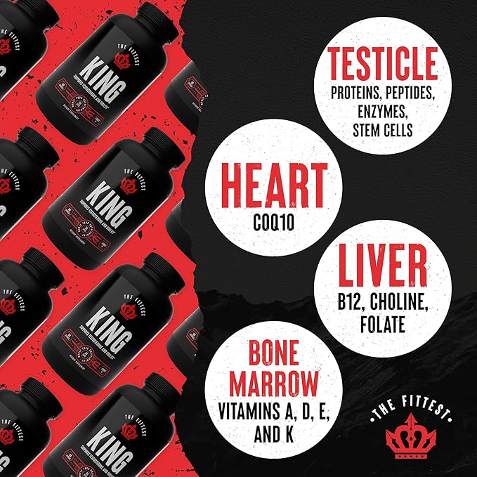 The Fittest King - Testosterone Booster Supplement - Supports Hormone Health, Stamina, & Strength - Includes Grass fed Bovine Liver, Bone Marrow, Heart & Testicle - 180 Capsules