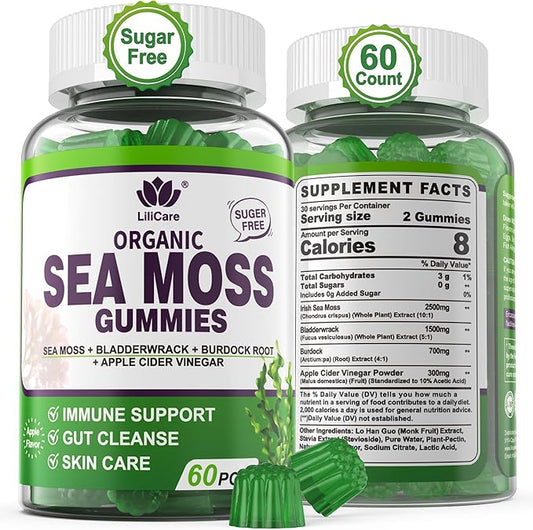 Sea Moss Gummies- Immune & Thyr0id Support, Organic Irish Sea Moss Supplement for Adults & Kids w/Burdock Root, Bladderwrack, Apple Cider Vinegar - Gut, Skin Health, Sugar Free, Vegan, 60Cts