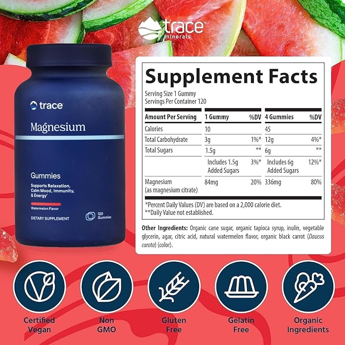 Trace Minerals Magnesium 84mg - Chewable Magnesium Supplement for Bone & Heart Health Support - Immune System Support - Aids Relaxation & Healthy Sleep - Watermelon, 120 Gummies (120 Servings)