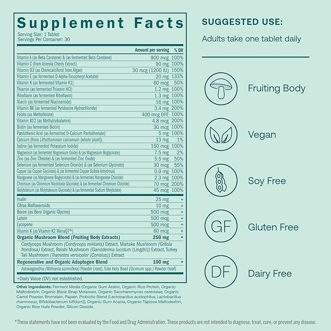 True Grace One Daily Men’s Multivitamin Fermented Minerals, Organic Adaptogens & Mushrooms Whole Body Balance Immune, Endurance, Bone & Heart Support - Non-GMO, Gluten Free - 30 Vegan Tablets
