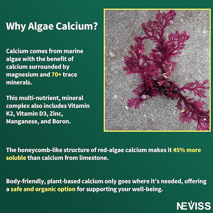 Algae Calcium Gummies 600mg with Vitamin D3, C, Magnesium, Boron, Manganese, Plant-Based Calcium Supplement for Bone Health & Strength, Minerals Complex, Gentle Digestion, Sugar Free, Vegan, 60 Counts