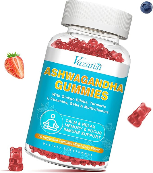 Ashwagandha Gummies with Turmeric GABA Mood Energy and Immune Support, Mixed Berry Flavor 60 Cts