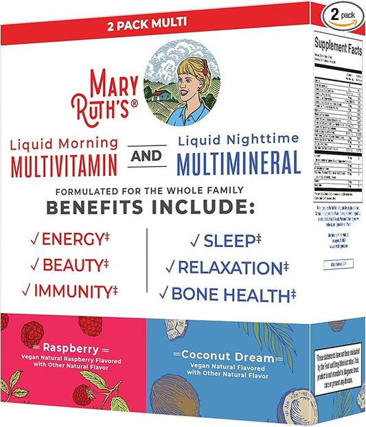 MaryRuth Organics Liquid Morning Multivitamin & Liquid Nighttime Multimineral Bundle, Vegan Vitamin C, Vitamin D, B Complex, Magnesium, Energy, Beauty, Sleep Support, NO Melatonin, 32 Fl Oz Each