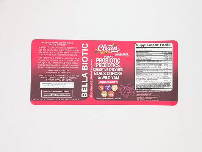 Liquid Probiotics for Women Drops with Chasteberry, Black Cohosh, Prebiotics, Digestive Enzymes, Evening Primrose Oil, Wild Yam, Cranberry Dmannose and Iron Vitamin D3 K2 Clean Nutra Bella Biotics (2)